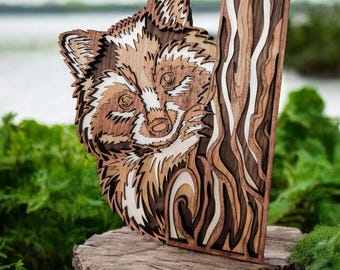 Multilayer Wood Raccoon Wall Art: Nature Wall Hanging