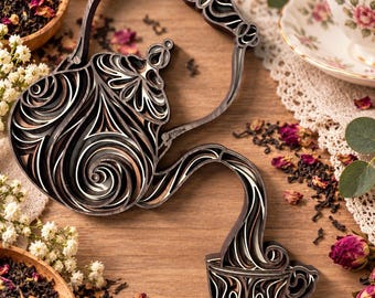May include: A multi-layered wooden wall art piece depicting a teapot pouring liquid into a teacup. The design features intricate, dark-stained wood cutouts with swirling, organic patterns and light-colored inner layers creating a 3D effect.