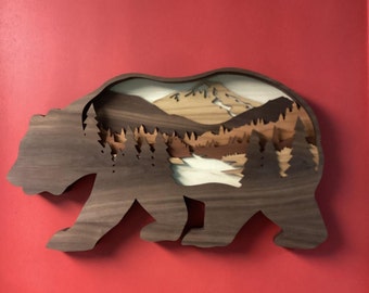 Multilayer Wood Art: Bear Silhouette, Mountain Scene Wall Decor