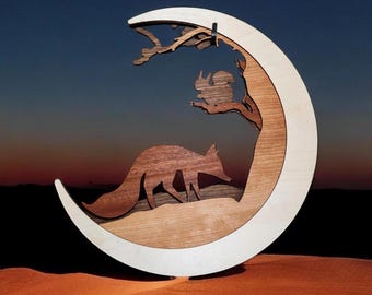 Multilayer Wood Wall Art: Nature's Moon, Fox & Squirrel
