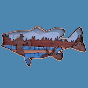 Bass Fishing Wood Wall Art: Multilayer Lake Scene