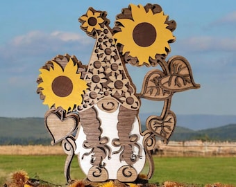 Multilayer Wood Gnome Girl with Sunflower: Garden Wall Art