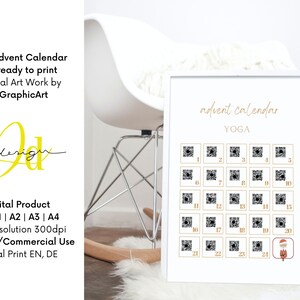 Könnte beinhalten: Ein druckbarer Yoga-Adventskalender mit 24 QR-Codes. Der Kalender ist weiß mit goldener Schrift und goldener Umrandung. Der Text "Adventskalender" und "YOGA" ist in Kursivschrift geschrieben. Der Kalender ist in einem weißen Rahmen gerahmt.