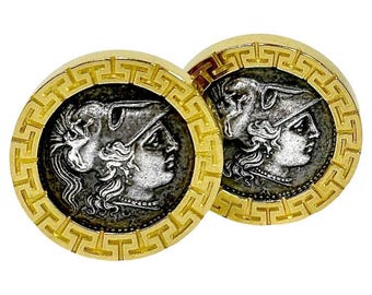 Ancient Coin Tribute Earrings with 14K Yellow Gold Greek Key Frames 7/8 Inch