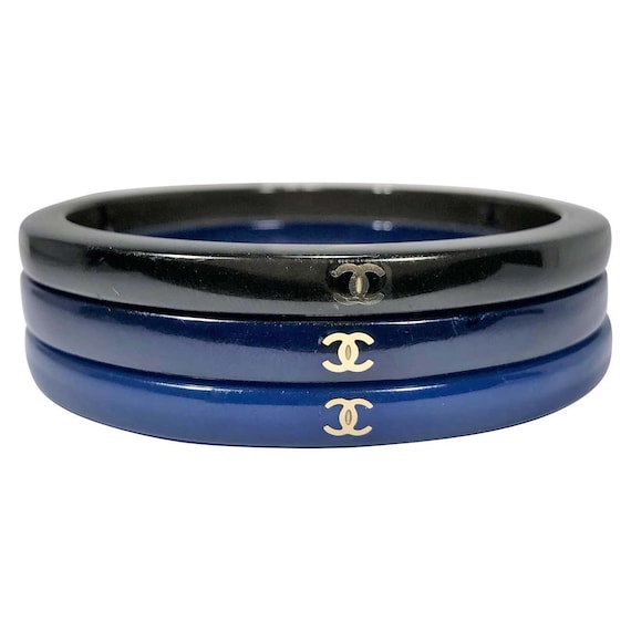 Set of Three Chanel Bangles Blue Dark Blue and Black With Gold Tone CC Logo Etsy Australia