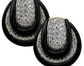 Dramatic and Large 1970's 18K Gold Onyx and Diamond Clip-on Earrings