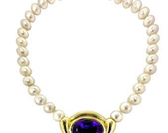 Collana modernista vintage senza tempo in oro 18k con ametista e perle Akoya