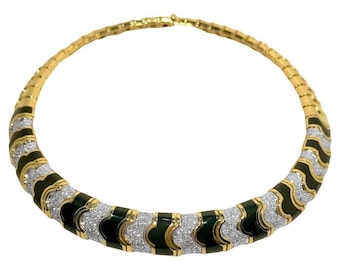 Collana girocollo in oro giallo 18 carati, smalto nero e diamanti, anni '70