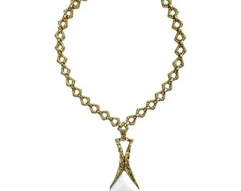 22 Inch Long Gold Necklace with White Onyx Pendant by French Designer Wander