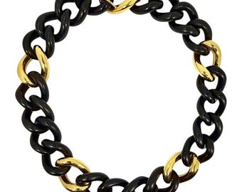 Italian Ebony & 18K Yellow Gold Curb Link Necklace 1 Inch Wide x 19 inches Long