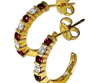 Vintage, Petite, Gem-Lok Set Gold, Ruby and Diamond Hoop Earrings