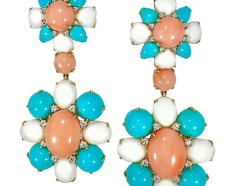 18K Yellow Gold, Pinkish Coral, Turquoise, & Diamond Earrings 2.75 Inches Long