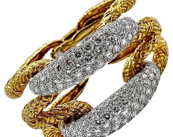 Outstanding French 18K Yellow Gold & Diamond Cocktail Bracelet 1.25 Inches Wide