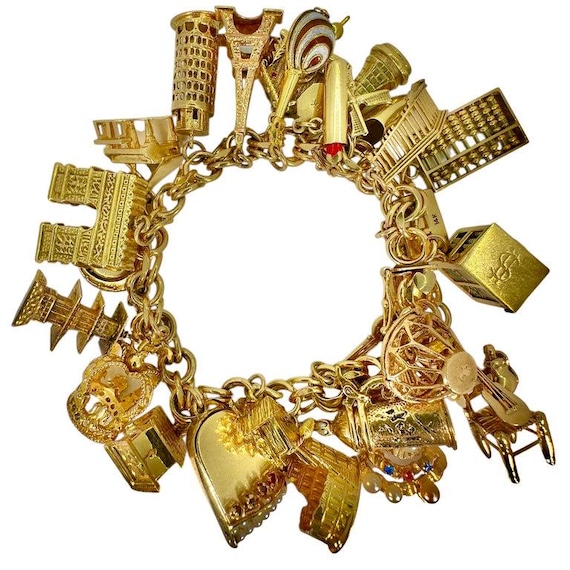 Vintage 14K Yellow Gold Charm Bracelet w/ 26 Dimensional Charms, Circa 1950-1965