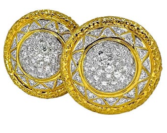 18K Stylish Tailored Gold & Diamond Encrusted Dome Earrings 7/8 Inch Diameter
