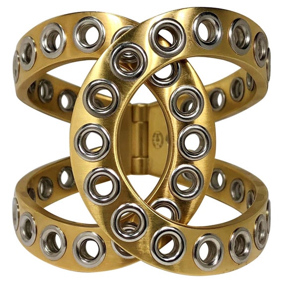 Chanel Bold and Riveting Gold Tone Cuff with Chro… - image 1