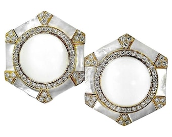 Large Scale White Onyx, Diamond and Mother of Pearl Earrings by Albert Lipten