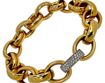 Vintage 18K Rose Gold German Cable Link Bracelet with One Diamond Covered Link