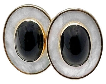 Gold, Mother of Pearl, and Onyx, Oval Shaped Earrings by Peter Brams Designs