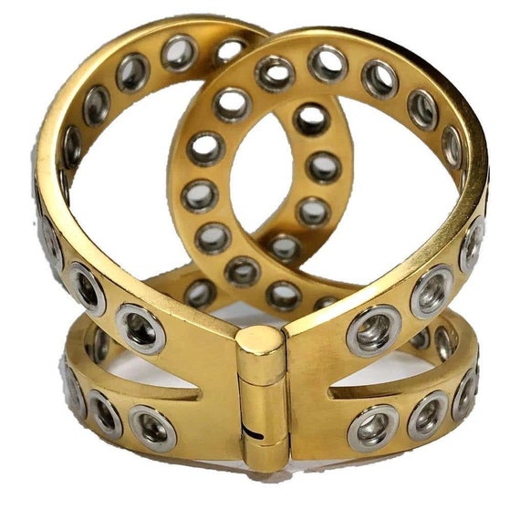 Chanel Bold and Riveting Gold Tone Cuff with Chro… - image 5