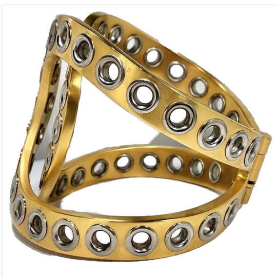 Chanel Bold and Riveting Gold Tone Cuff with Chro… - image 6