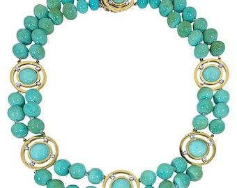 Vintage Double Strand Turquoise Choker with Gold & Diamond Stations by Tambettii