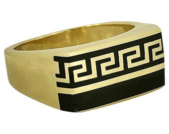 Gent's 14k Gold and Black Enamel Greek Key Motif Ring
