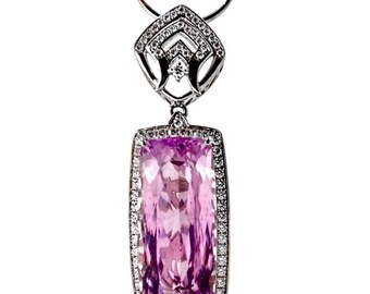 White Gold Diamond Halo Pendant with 21.72ct Vivid Natural Kunzite and Chain