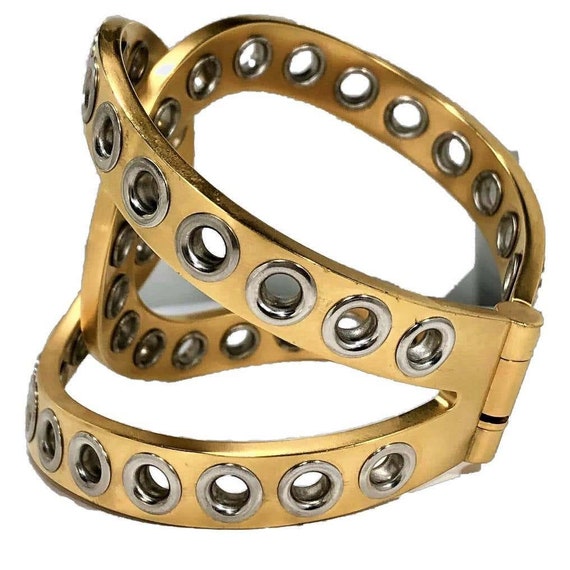 Chanel Bold and Riveting Gold Tone Cuff with Chro… - image 7