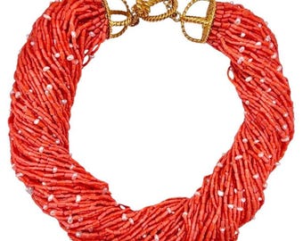 Coral 18K Yellow Gold and Pearl Multi-Strand Torsade Toggle Necklace by MishNY