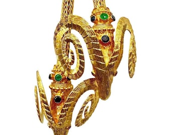 Monumental Scale Lalaounis 18k Gold Double Rams Head Necklace 38 Inches Long