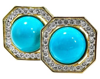 Vintage 18K Gold Diamond & Turquoise Octagon Earrings