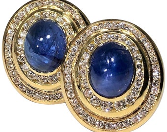 Gold Diamond Cabochon Sapphire Oval Earrings