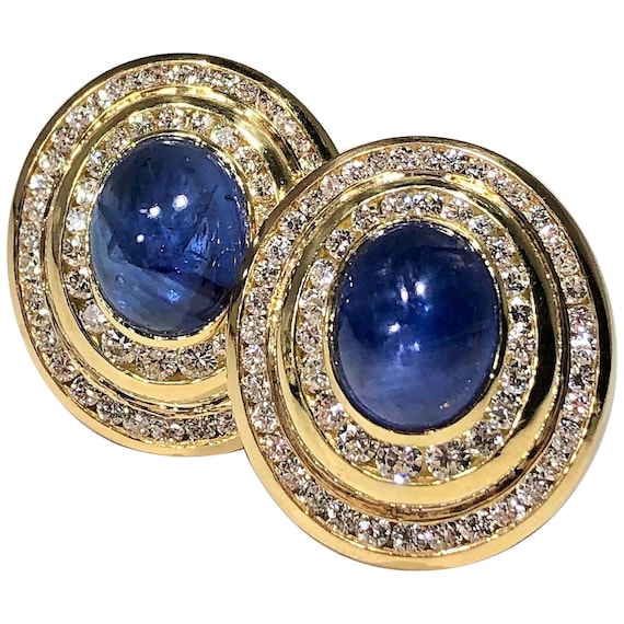 Gold Diamond Cabochon Sapphire Oval Earrings Etsy