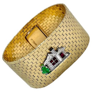 Wide Retro Period 14K Gold Brick Bracelet with Gem Set Art Deco Platinum Charm