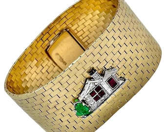Wide Retro Period 14K Gold Brick Bracelet with Gem Set Art Deco Platinum Charm