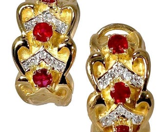 Vintage 18k Yellow Gold, Ruby and Diamond Hoop Earrings