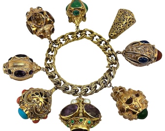 Midcentury Italian Gold Etruscan Revival Charm Bracelet -8 Assorted Color Charms