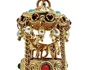 Vintage 14K Yellow Gold Movable Carousel Pendant with Assorted Colored Stones