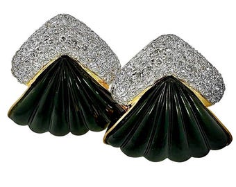 Elegant Late-20th Century 18K Yellow Gold Fluted Black Onyx & Diamond Earrings