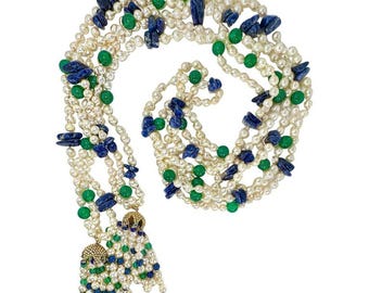 Dramatic 52 Inches 3 Strand Cultured Pearl, Colored Stone & Gold Lariat Necklace