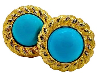 18K Yellow Gold Hammered Rope Edge Earrings with Cabochon Turquoise* Centers