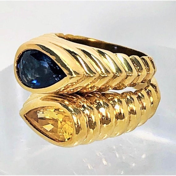 Pair of Fluted Gold Rings with Pear Shaped Blue a… - image 7