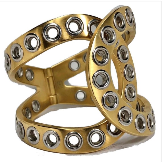 Chanel Bold and Riveting Gold Tone Cuff with Chro… - image 2
