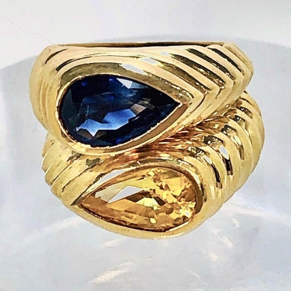 Pair of Fluted Gold Rings with Pear Shaped Blue a… - image 6