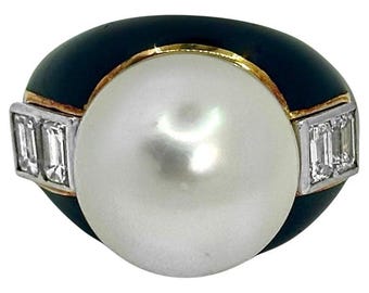 Vintage David Webb Yellow Gold, Platinum, Diamond, Enamel & South Sea Pearl Ring
