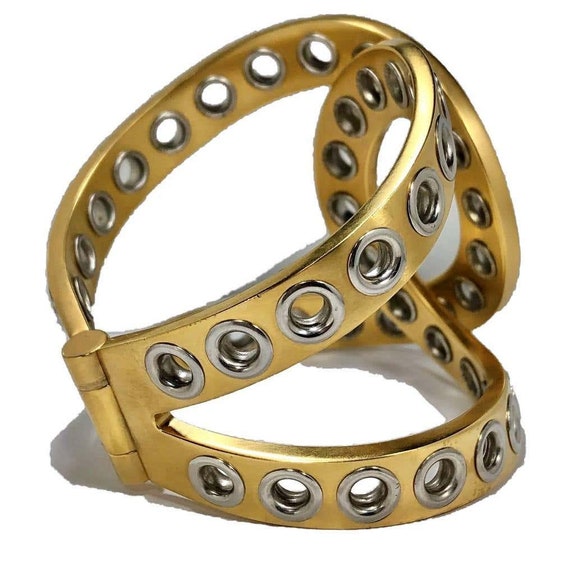 Chanel Bold and Riveting Gold Tone Cuff with Chro… - image 4