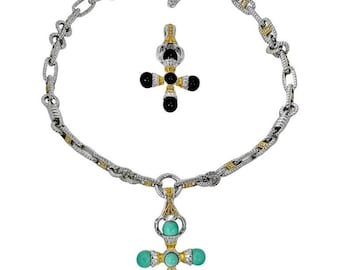 14k Diamond Toggle Necklace w/ Interchangeable Turquoise & Onyx Crosses