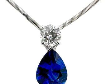 Intense Blue Pear Shape Sapphire & Diamond Pendant on 14k White Gold Snake Chain