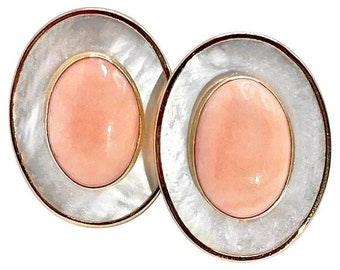 Oval Shaped Mother of Pearl and Angel Skin Coral Earrings